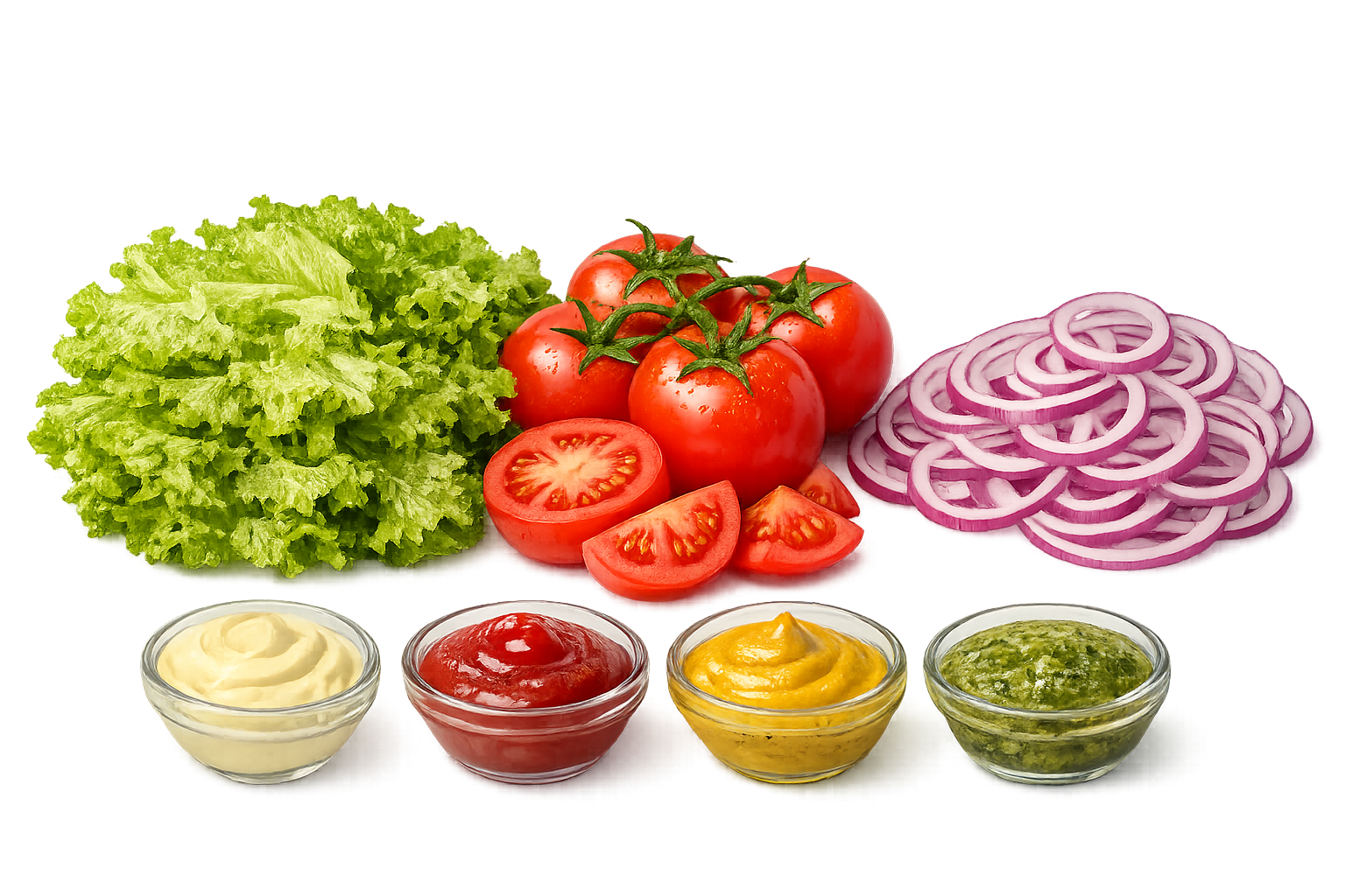 Fresh ingredients spread: lettuce, tomatoes, onions, sauces