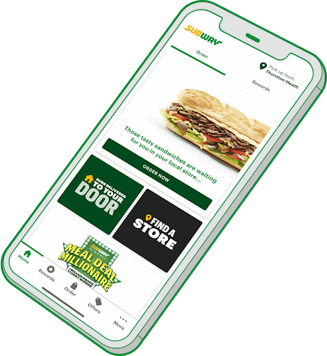 Subway app on phone showing order ahead and rewards